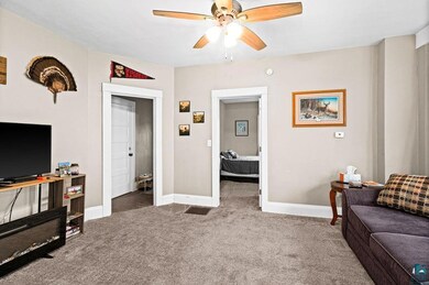 Carpeted living room with ceiling fan