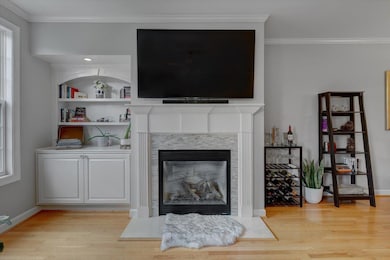 flanked by built-in cabinet and shelves.