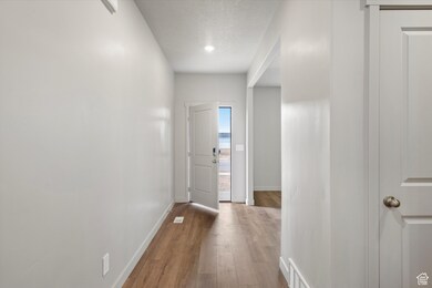 Hall featuring wood finished floors and a textured ceiling