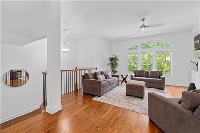 Living room with wood finished floors, a ceiling fan, and a chandelier