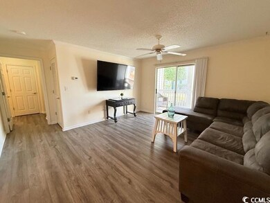 Living room featuring ceiling fan, wood-type floor
