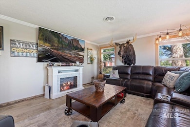 Living room featuring wood finished floors, a textured ceiling, crown molding, and a lit fireplace