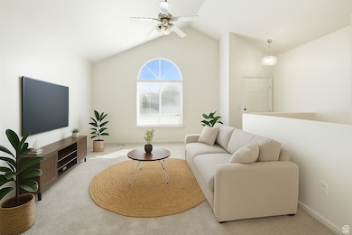 Carpeted living area featuring ceiling fan and lofted ceiling AI generated photo