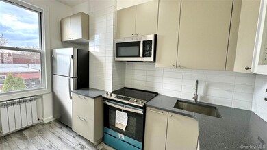 Kitchen featuring stainless steel appliances, decorative backsplash, radiator, dark stone counters, and light wood-style flooring