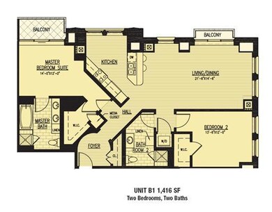 1st Floor Plan. 2 bedroom, 2 bathroom with an eat-