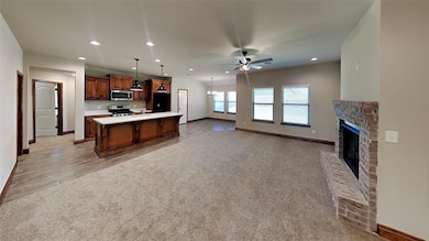 Kitchen with stainless steel appliances, open floor plan, a fireplace, a ceiling fan, and recessed lighting