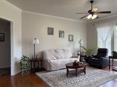 Living room featuring crown molding, a ceiling fan