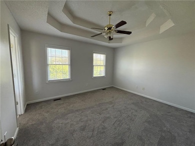 Spare room with dark carpet, a tray ceiling, ceili