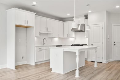 Kitchen with a center island, light hardwood / woo