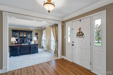 Entryway featuring ornamental molding, healthy amount of natural light, and wood finished floors