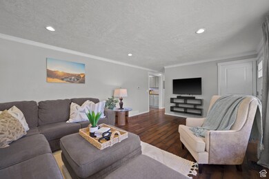 Living room with ornamental molding, wood finished floors, a textured ceiling, and recessed lighting