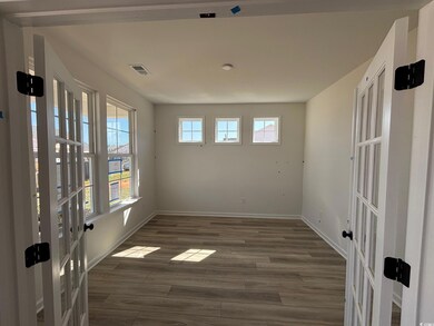 Study with French doors, matte black door hardware, LVP, and a lot of natural light.