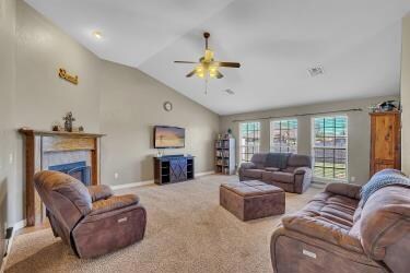 Carpeted living room with high vaulted ceiling and