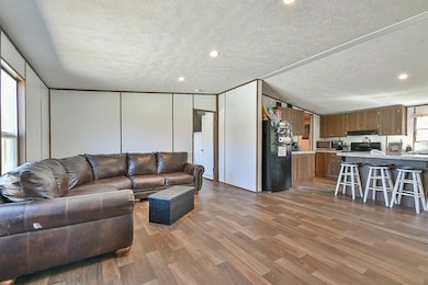 Living room with dark wood-style flooring, a textured ceiling, and recessed lighting