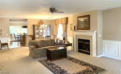 Carpeted living room with a tiled gas fireplace and ceiling fan