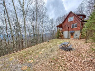 View of home and winter mountiains through the trees