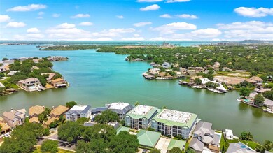 Aerial view of residential area with a large body