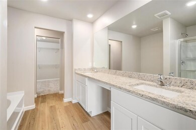 Elegant primary bathroom with spacious vanity, gra