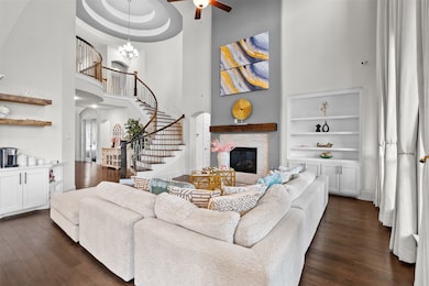 Noitice the coffered ceilings, stone hearth with w