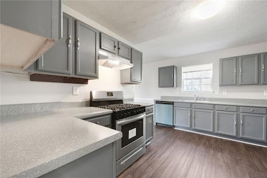 Kitchen with under cabinet range hood, appliances with stainless steel finishes, gray cabinets, and dark wood-type flooring