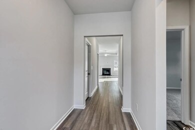 Hallway with dark hardwood / wood-style flooring