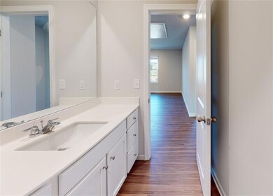 Bathroom with wood-type flooring and vanity
