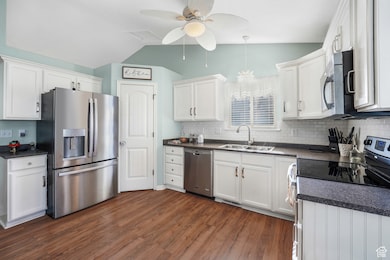 Kitchen with appliances with stainless steel finishes, vaulted ceiling, white cabinets, dark wood-style flooring, and a ceiling fan