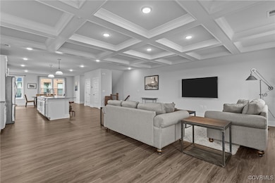Living room with dark wood finished floors, recess
