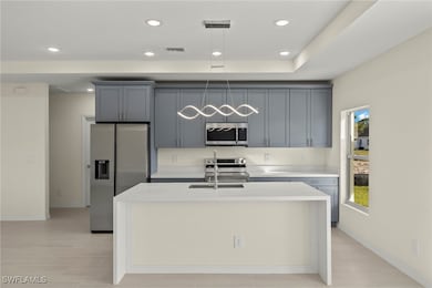 Kitchen with an island with sink, sink, gray cabin