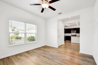 Unfurnished living room featuring recessed lighting, light wood-style floors, and ceiling fan