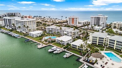 Aerial view shows boat slips, pool and community f