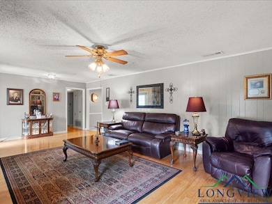 Living room featuring ceiling fan, light wood-type flooring, and a textured ceiling