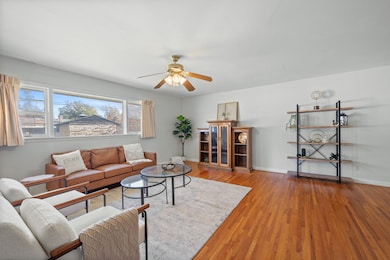 Living room featuring wood finished floors and ceiling fan