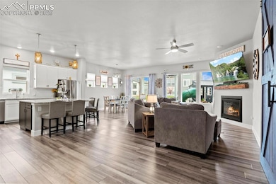 Living room with dark wood finished floors, recess