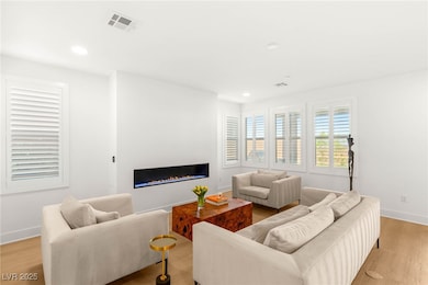 Living room with a glass covered fireplace, recess