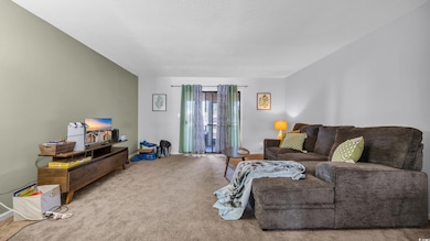 Living area featuring carpet flooring and baseboards