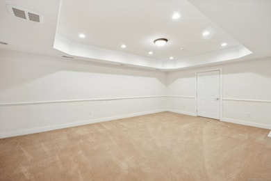 Large family room on the lower level with tray ceiling and recessed lights.