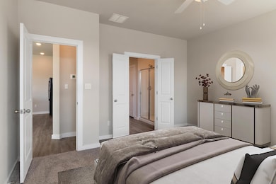 Bedroom with baseboards, carpet flooring, ceiling