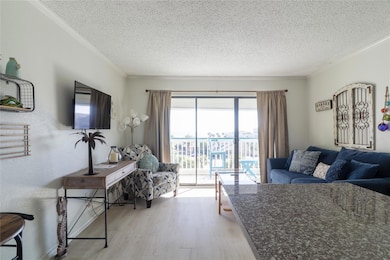 Living room with light wood-style flooring, crown molding, a textured ceiling, and a textured wall