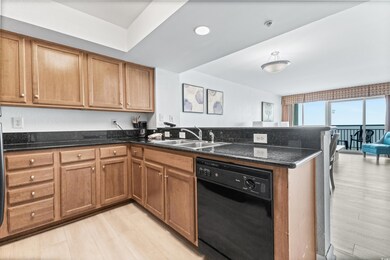 Kitchen with dishwasher, dark stone countertops, l