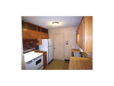 Kitchen has nice cabinets and counter tops. Door i