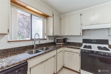 Large kitchen window with a view of the fenced backyard.