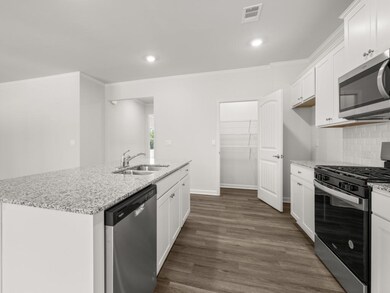 Aria updated kitchen with a large island a walk-in pantry with wire shelving