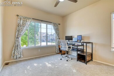 Home office featuring a ceiling fan and carpet floors