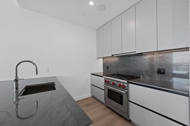Kitchen with designer range, white cabinetry, tas
