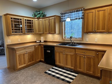 Kitchen with a sink, glass insert cabinets, brown 