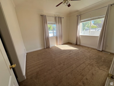 Master Bedroom featuring plenty of natural light, carpet floors, ornamental molding, and a ceiling fan