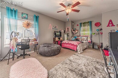 Carpeted bedroom with ceiling fan