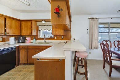 Kitchen with dishwasher, a peninsula, brown cabine