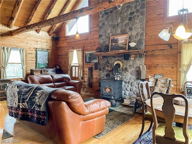 Living room featuring wooden ceiling, plenty of natural light, light hardwood / wood-style floors, and a wood stove